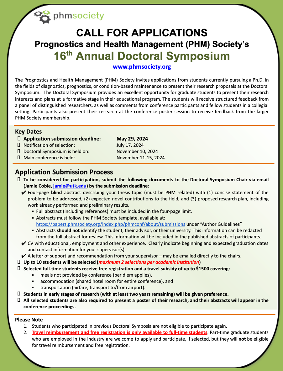 Call for Doctoral Symposium PHM Conference 2024